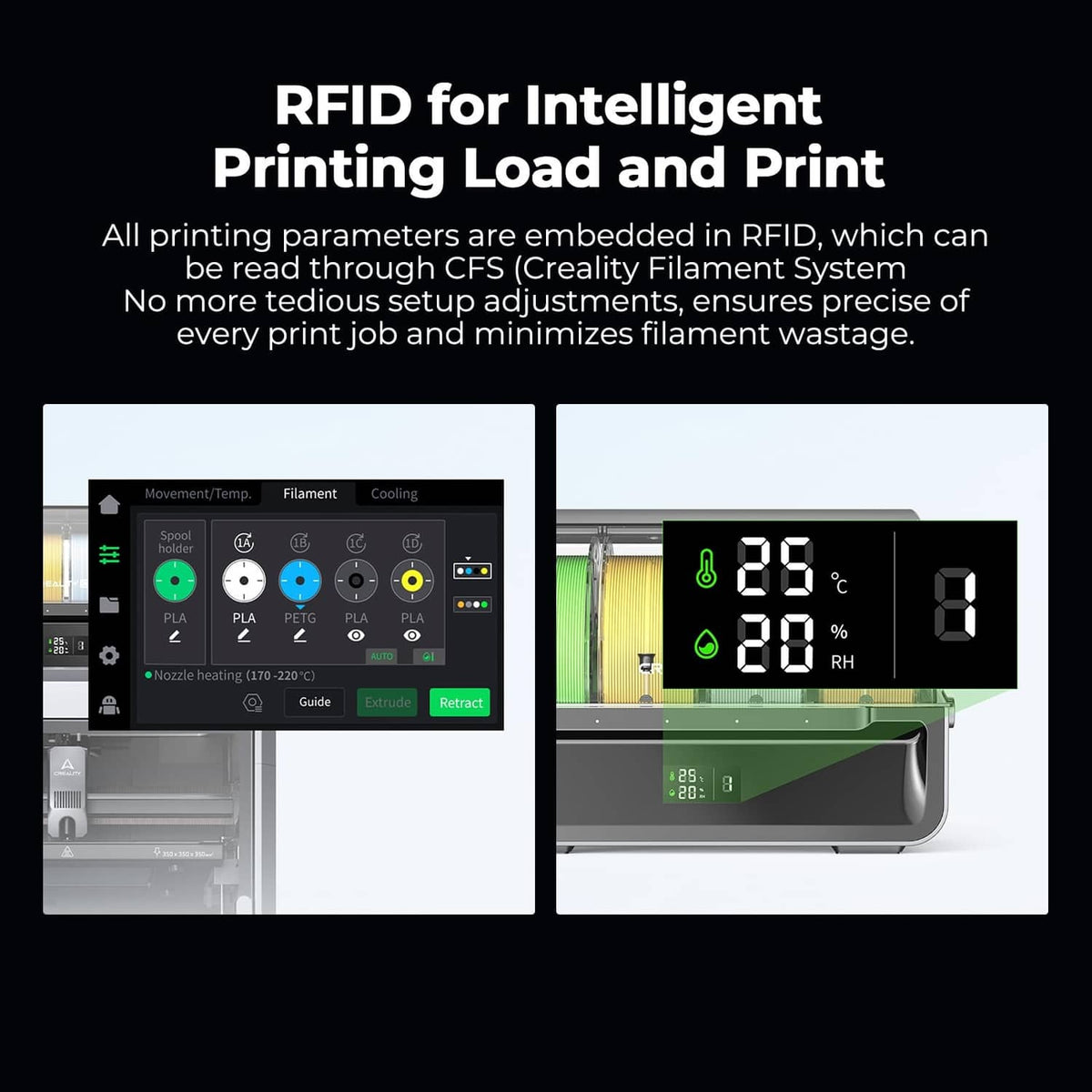 3D printer screen showing RFID printing load, temperature and humidity data