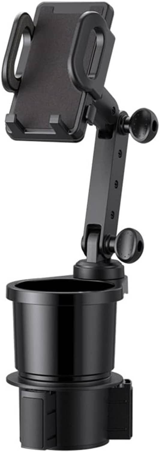 Black universal car cup holder phone mount with phone clamp and twin arm suction base