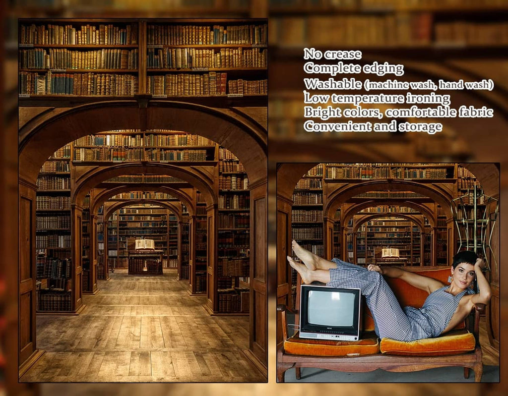 Wizard school library photography backdrop with arched shelves and care instructions