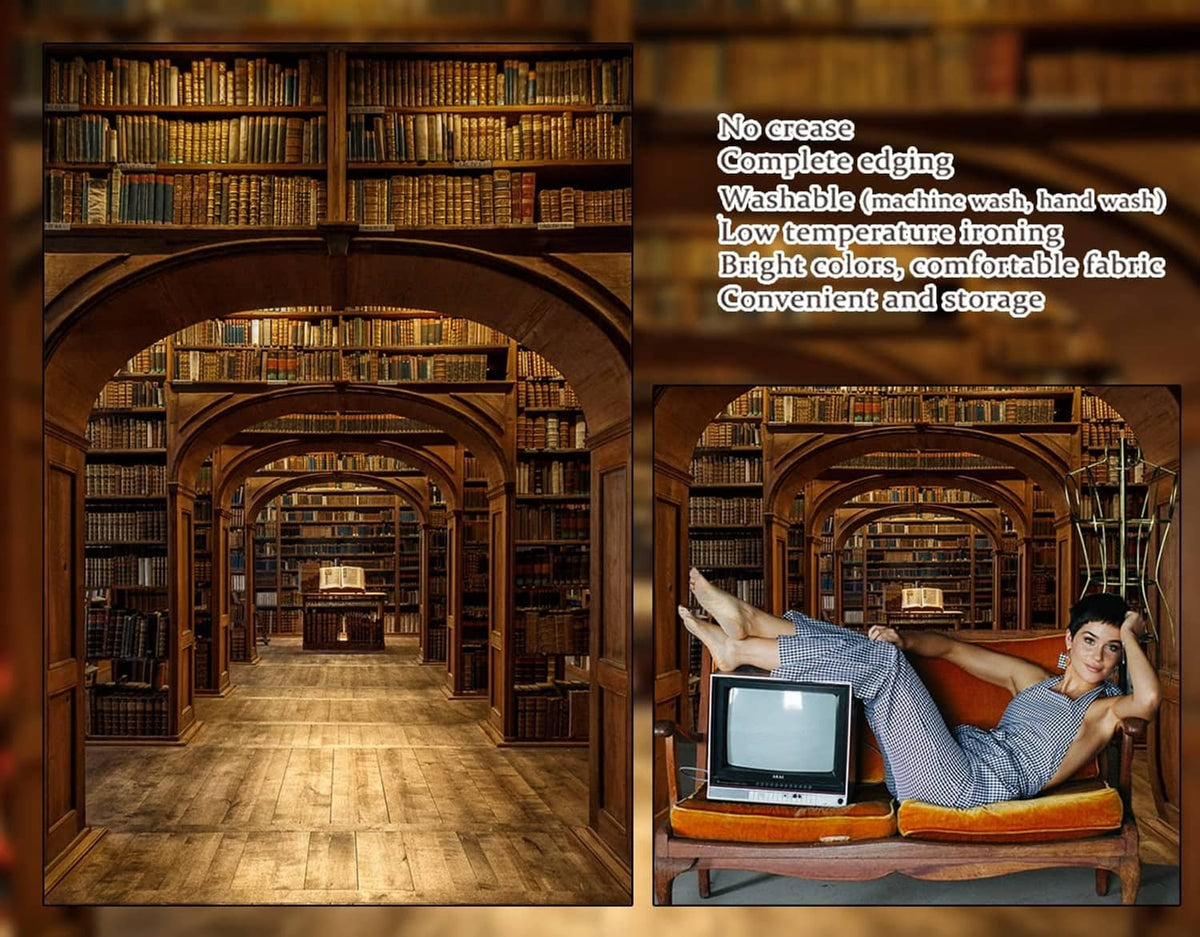 Wizard school library photography backdrop with arched shelves and care instructions