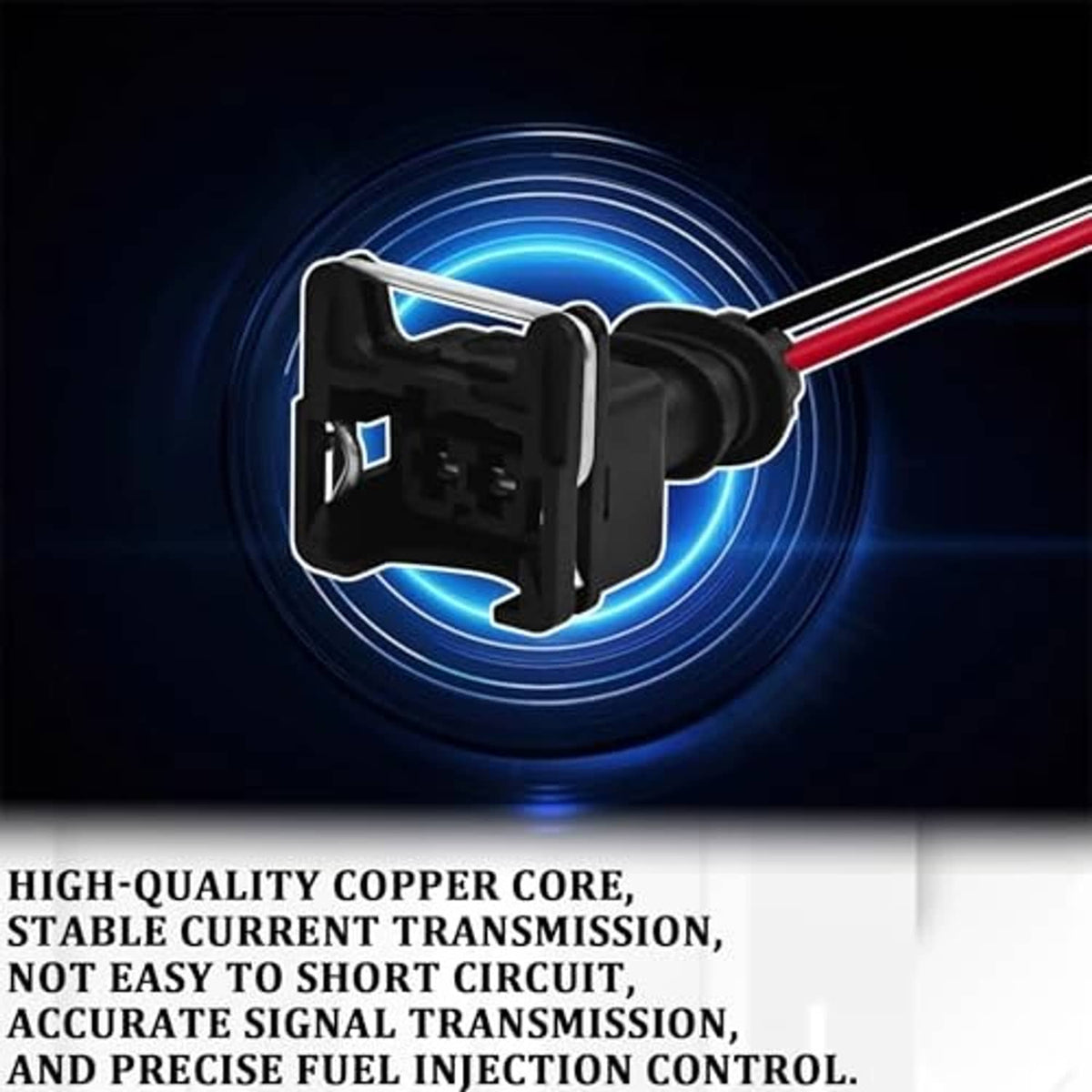 Fuel injector connector plug with black housing and red/black wires, blue glow ring