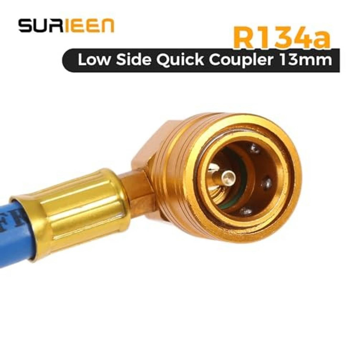 Low side quick coupler end with 13mm brass fitting on blue AC hose