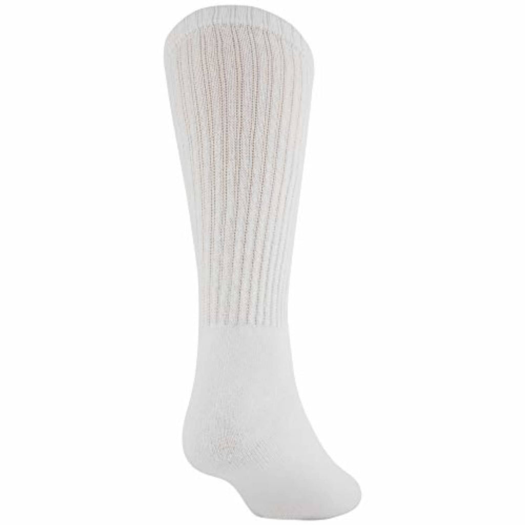 White crew sock with ribbed leg, solid knit toe and heel