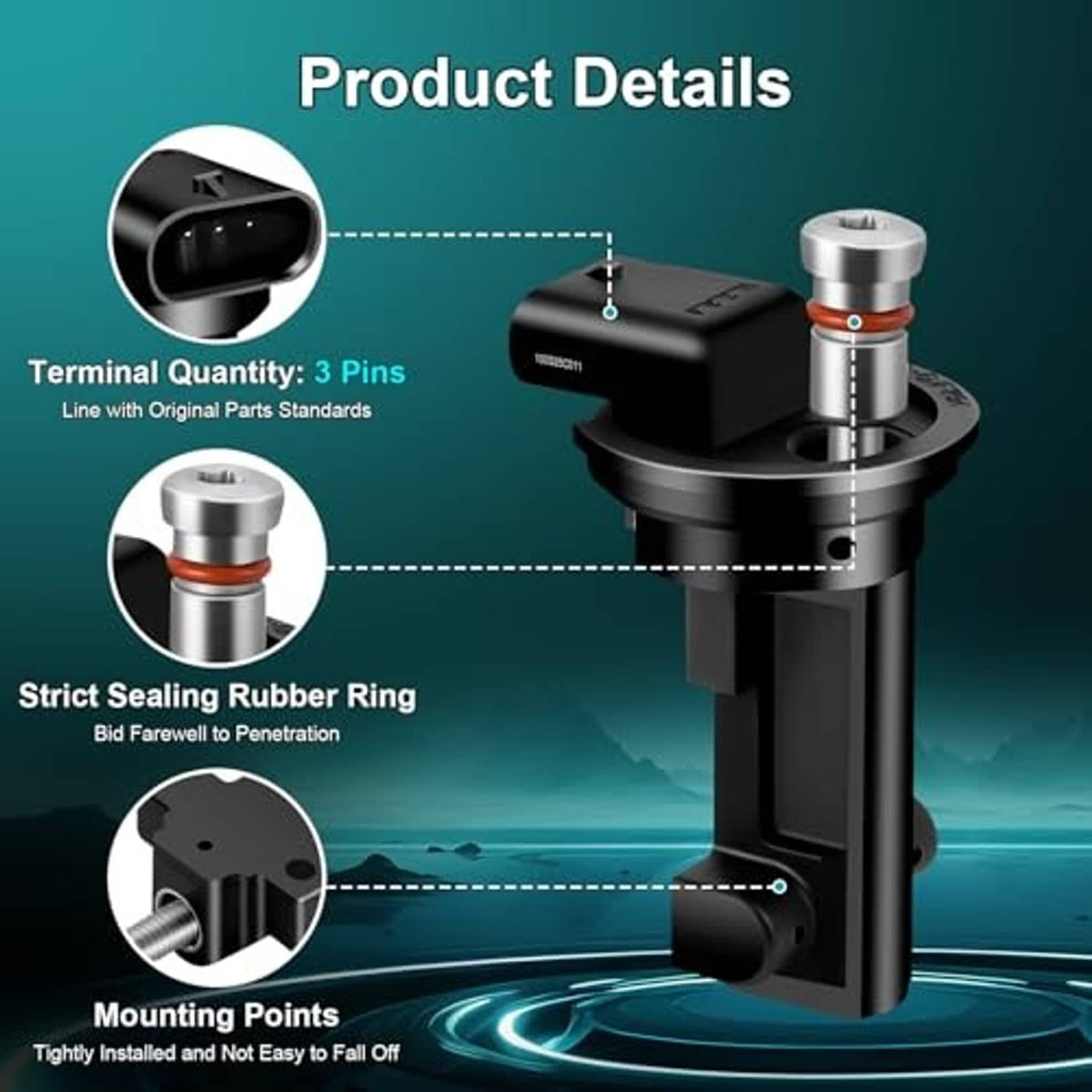 Camshaft position sensor product detail showing 3-pin terminal and mounting points