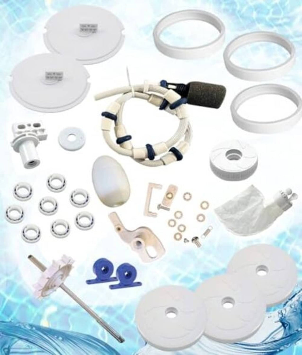 White Polaris rebuild kit components: hoses, wheels, foam filter, blue brackets, hardware