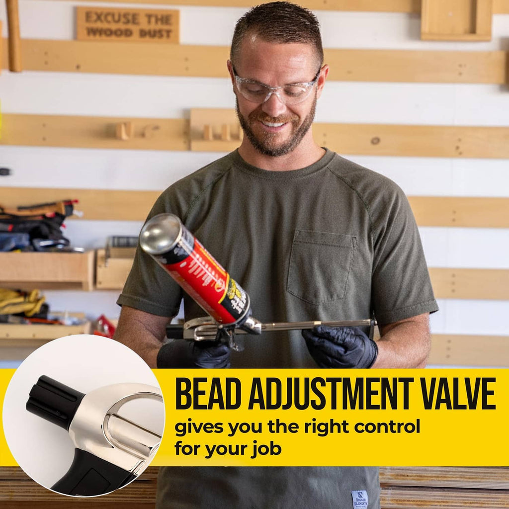Insulation spray foam gun with red foam can and bead adjustment valve detail
