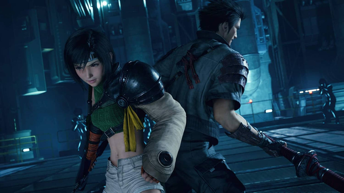 Two armored characters in combat poses inside a futuristic corridor