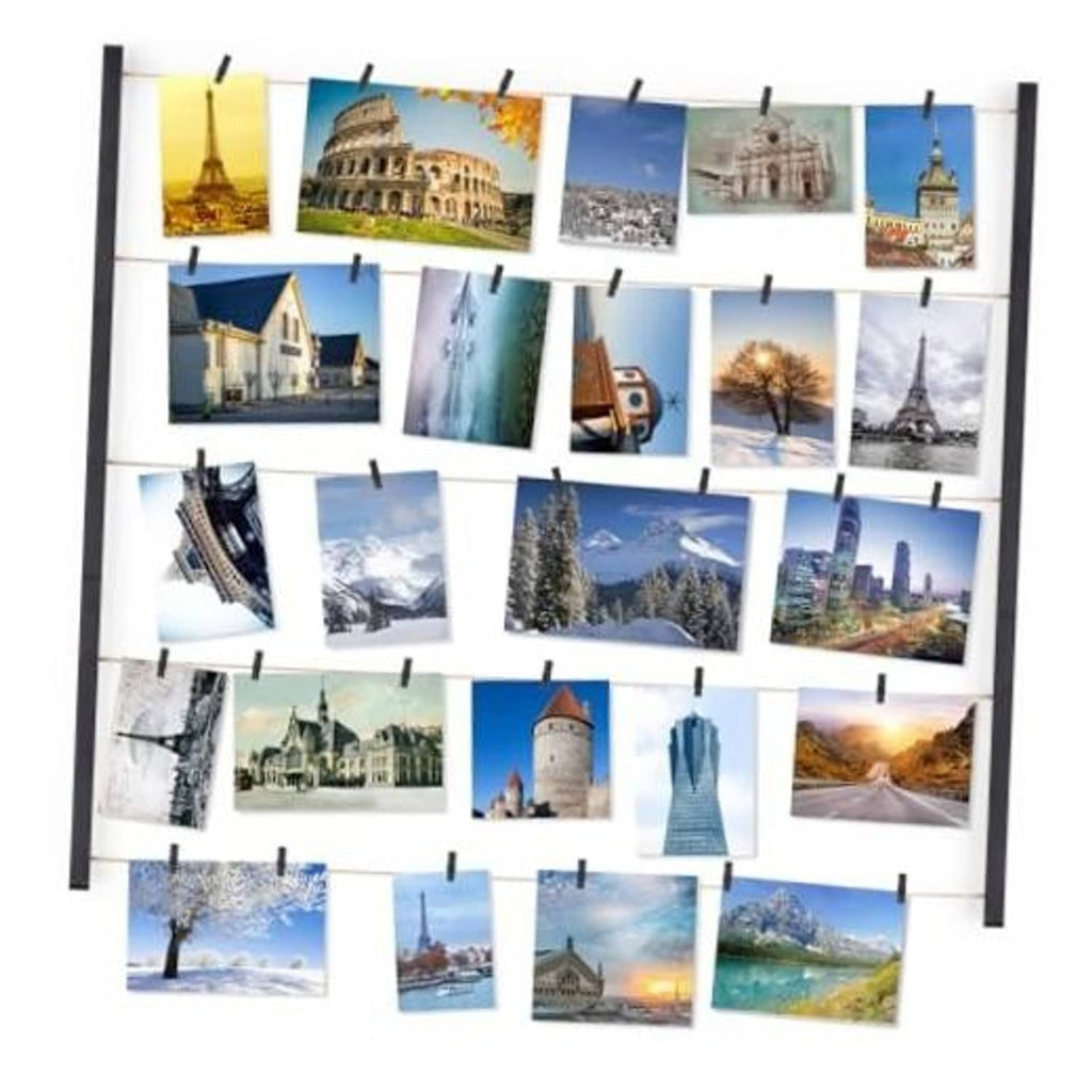 Black solid wood collage picture frame with hanging clothespins and multiple photo prints