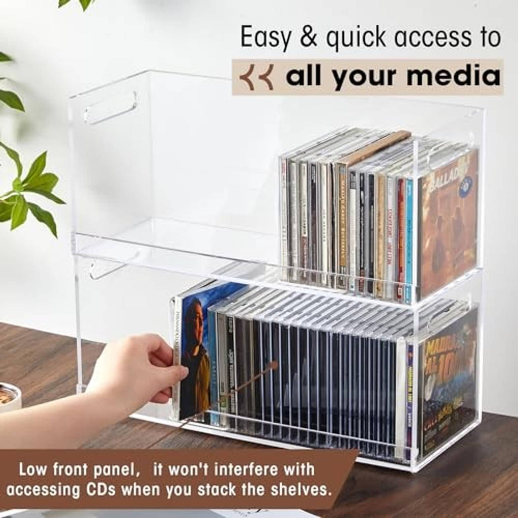 Clear acrylic stackable CD storage box with low front panel for easy CD access