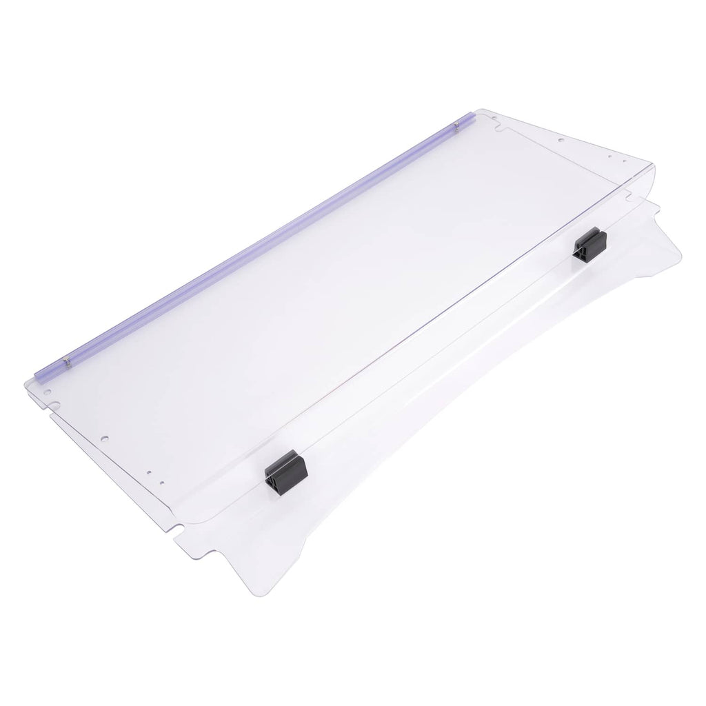 Clear folding golf cart windshield panel with purple frame and black corner mounts