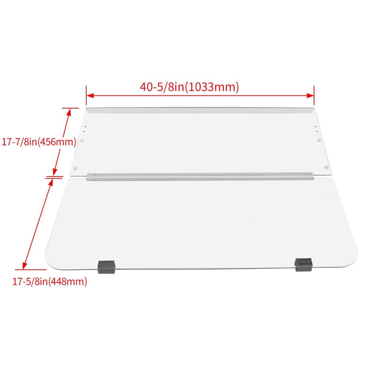 Clear folding windshield panel with mounting feet and printed size dimensions