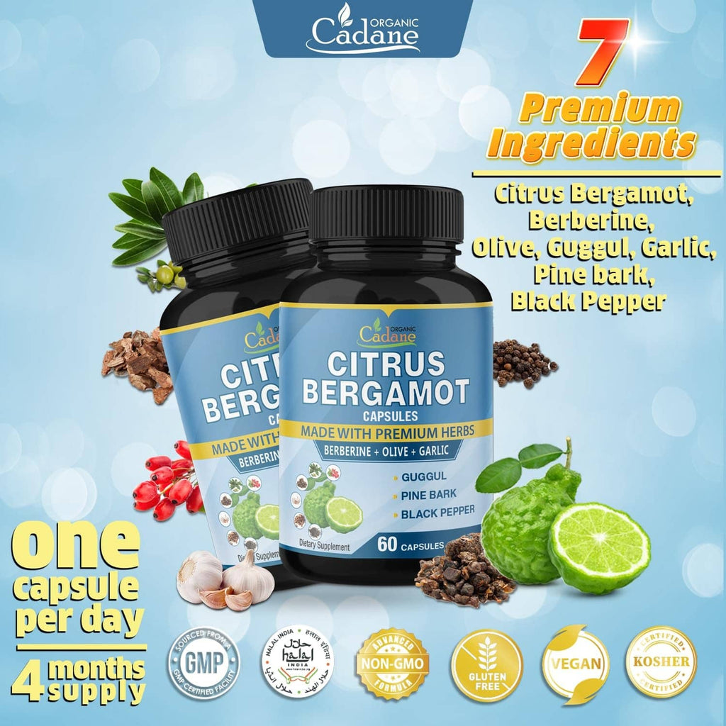 Citrus bergamot capsule bottles, 2 jars with blue label and ingredient callouts