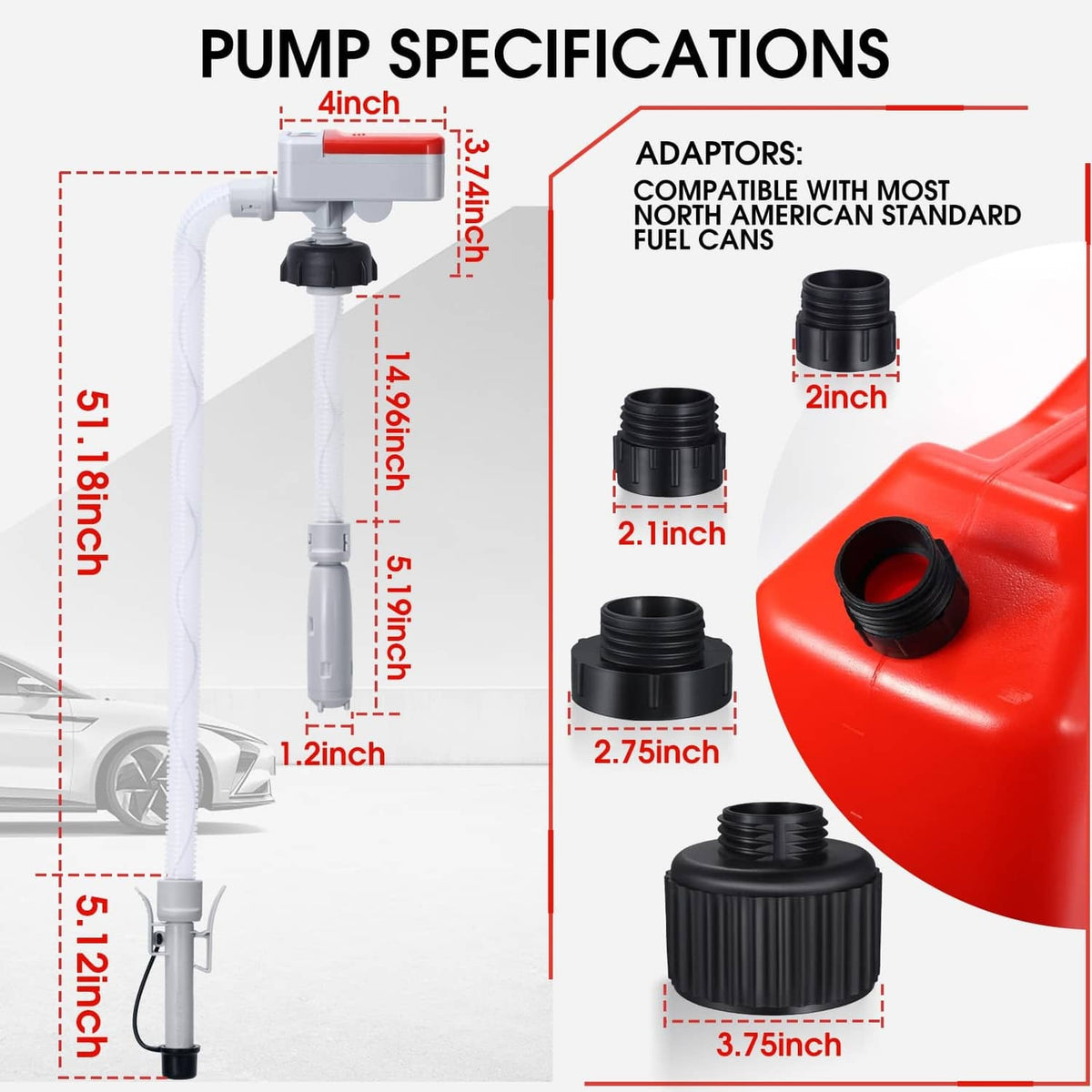 Fuel transfer pump with included adapters and measurement guide for fuel cans