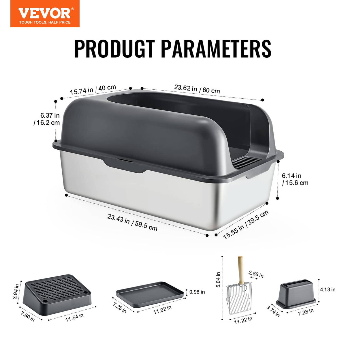 Cat litter box with product dimensions shown and included scoop and small accessory