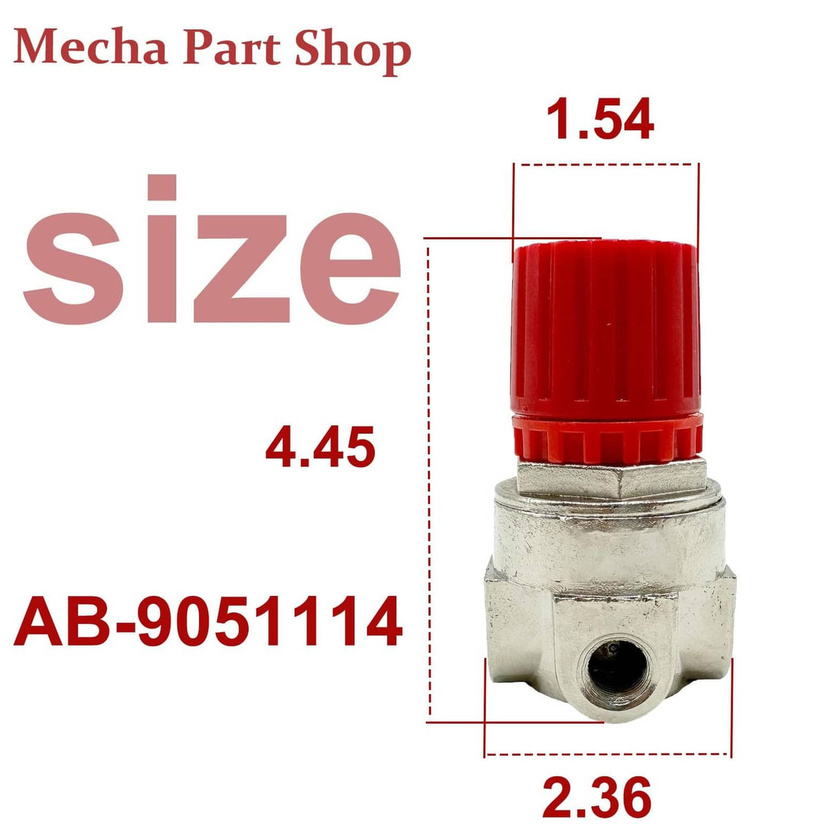 Air compressor pressure regulator size diagram with red cap and metal body