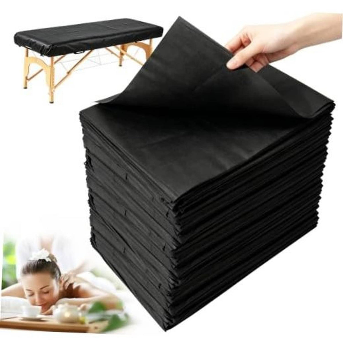 Black disposable table sheets, non-woven, hand lifting a folded top sheet