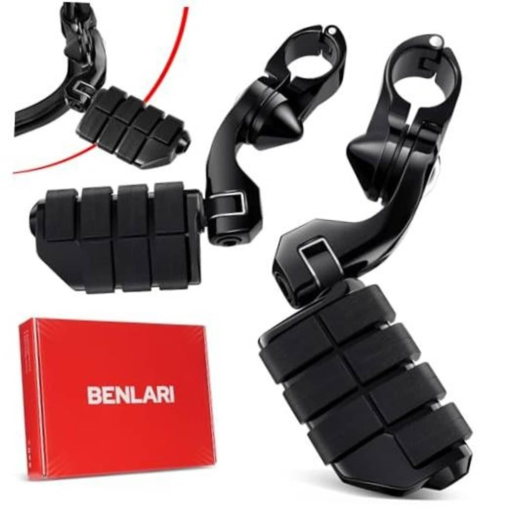 Black rubber highway footpegs with stainless clamp, pair of curved mounts and grips