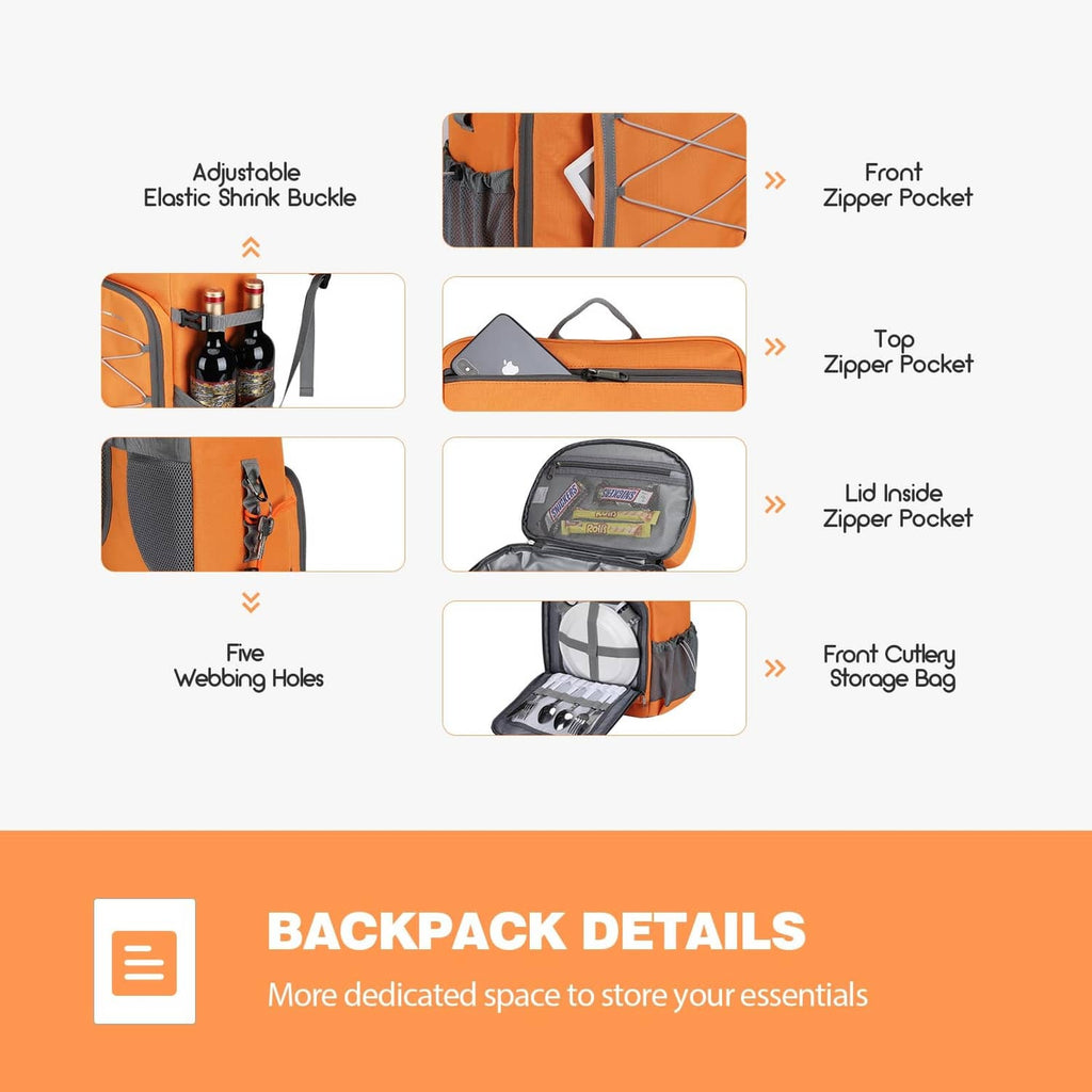 Orange cooler backpack showing multiple exterior zip pockets and front zipper storage