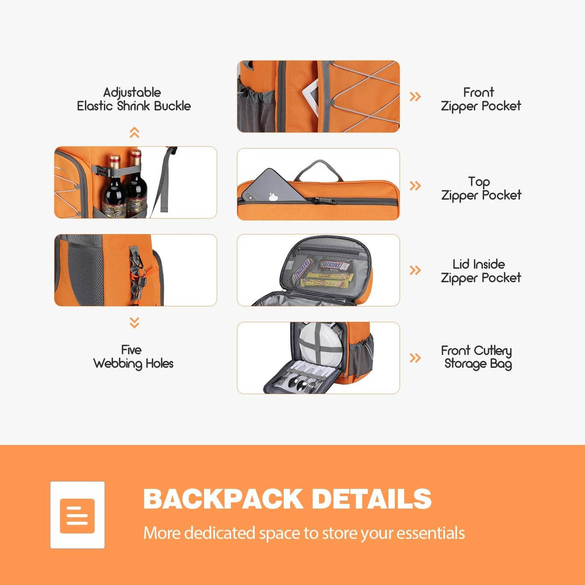 Orange cooler backpack showing multiple exterior zip pockets and front zipper storage