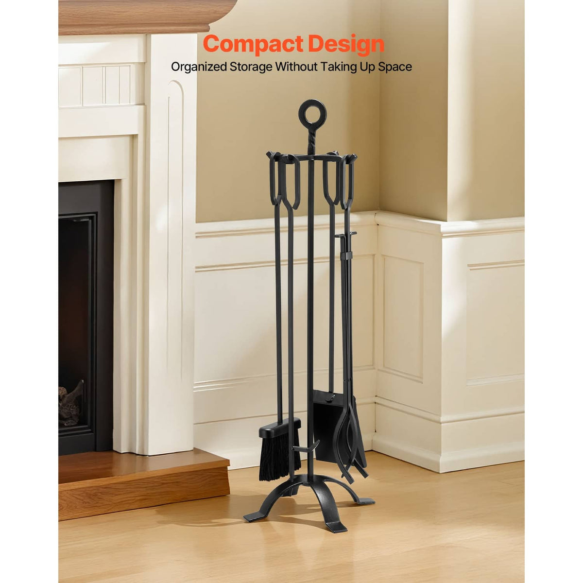 Black fireplace tool set on slim stand with ash shovel, brush, poker, and tongs