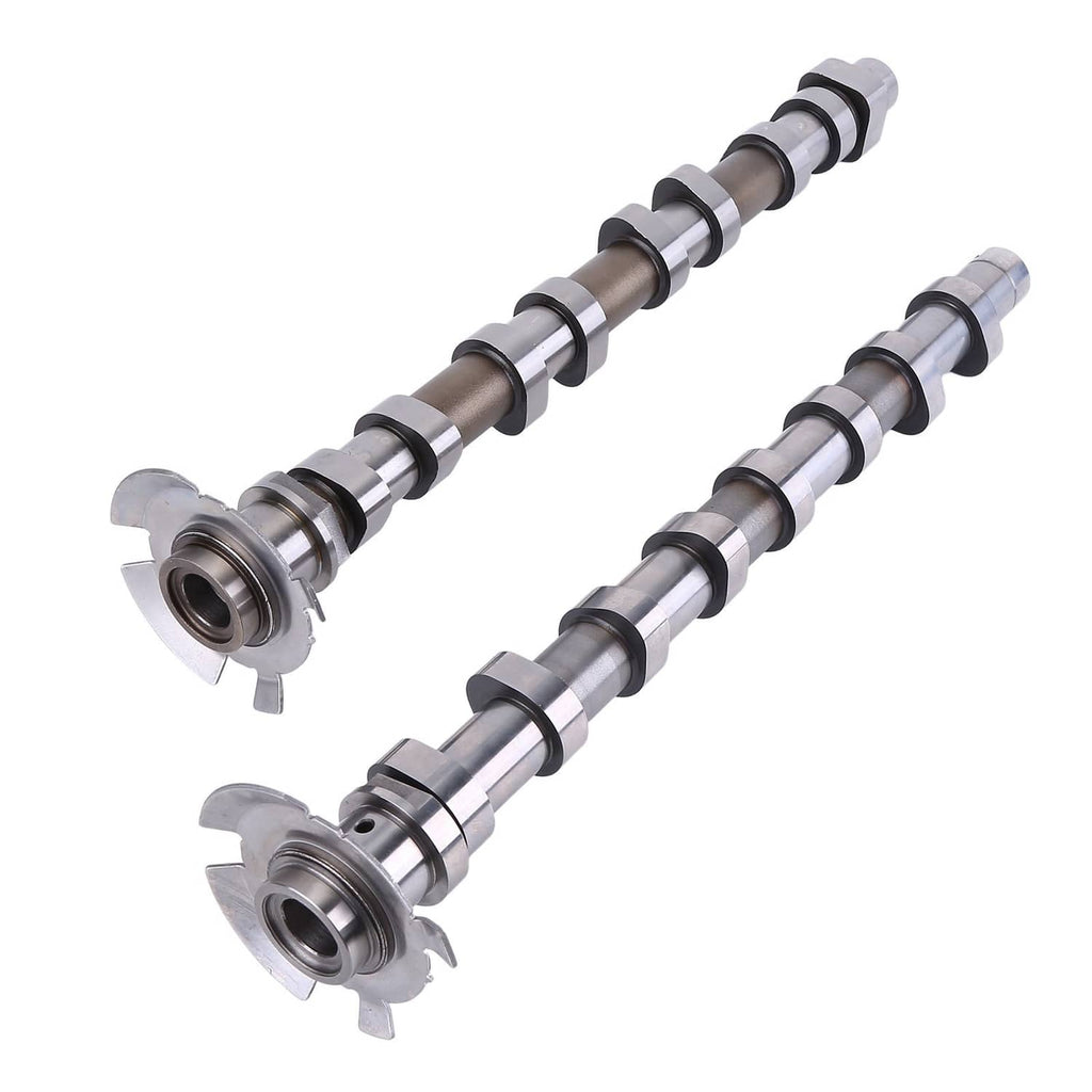 Two camshafts at angle, featuring metal journals, black seals, and hub end caps
