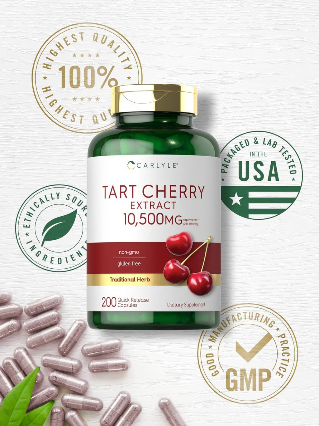 Carlyle tart cherry extract bottle with 100% quality badges and pink capsule softgels