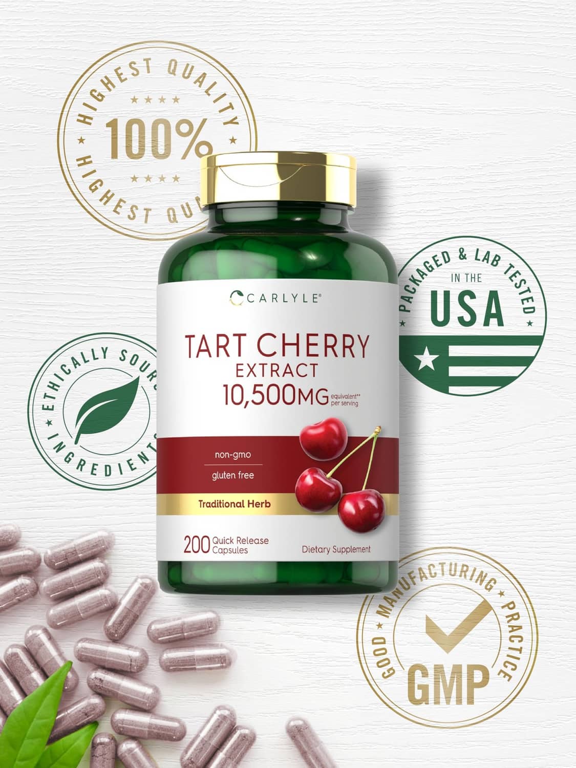 Carlyle tart cherry extract bottle with 100% quality badges and pink capsule softgels