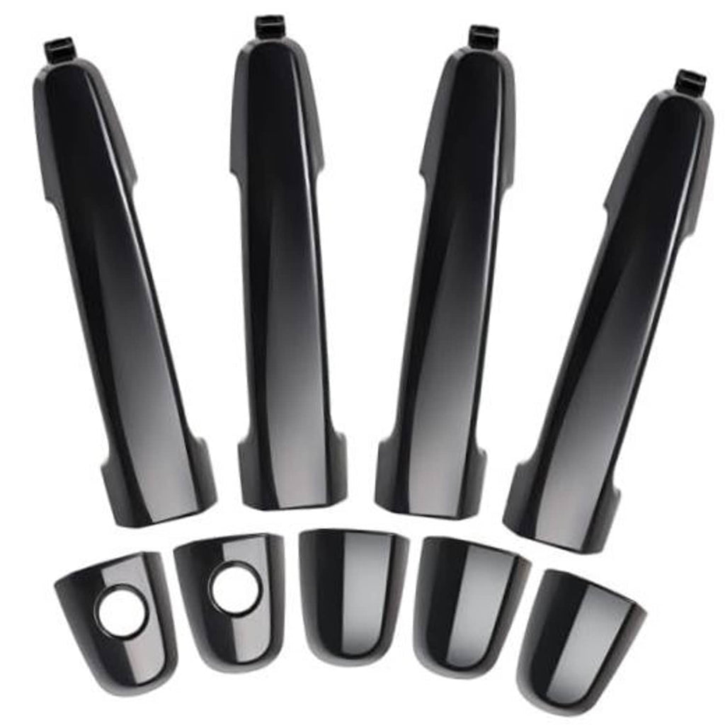 Set of black exterior door handles with chrome-silver accents and mounting holes (4 pcs).