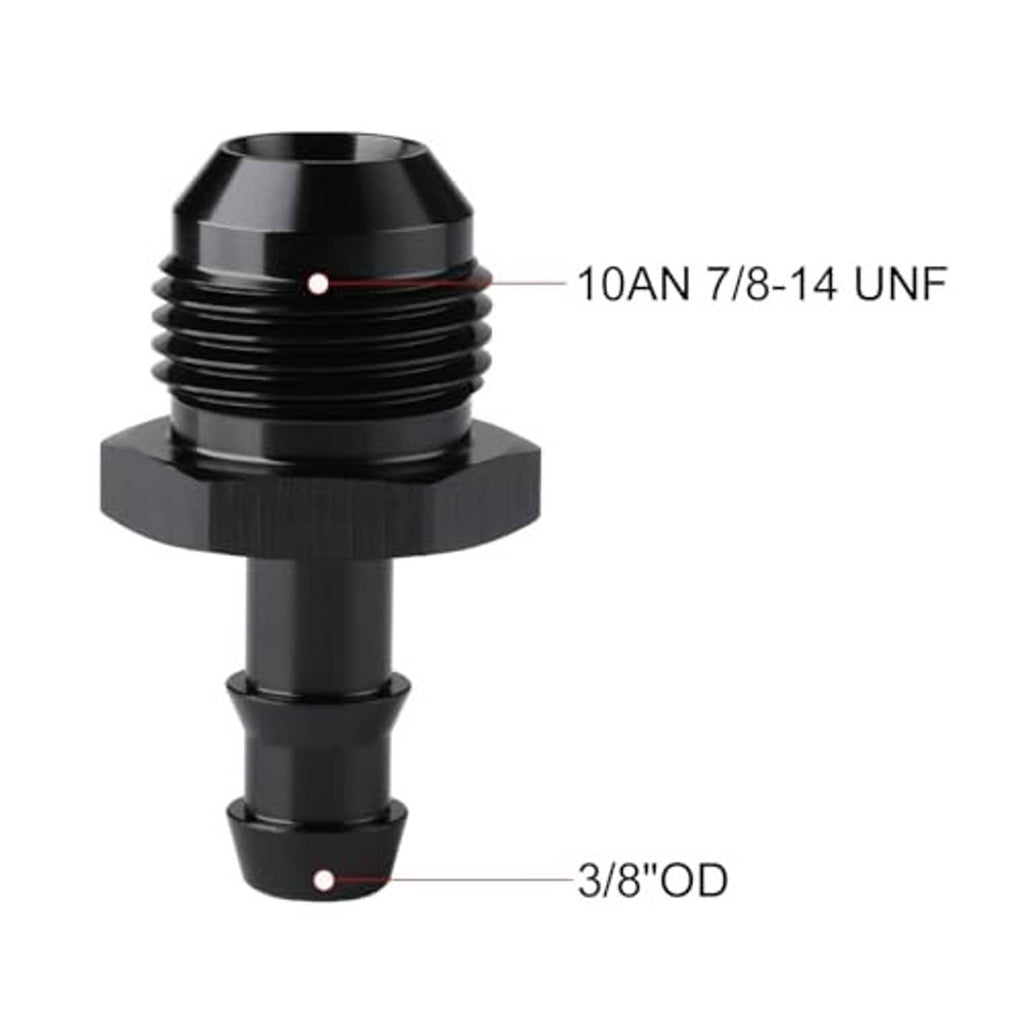 Black AN adapter with 7/8-14 UNF threads and barbed 3/8 in OD hose end