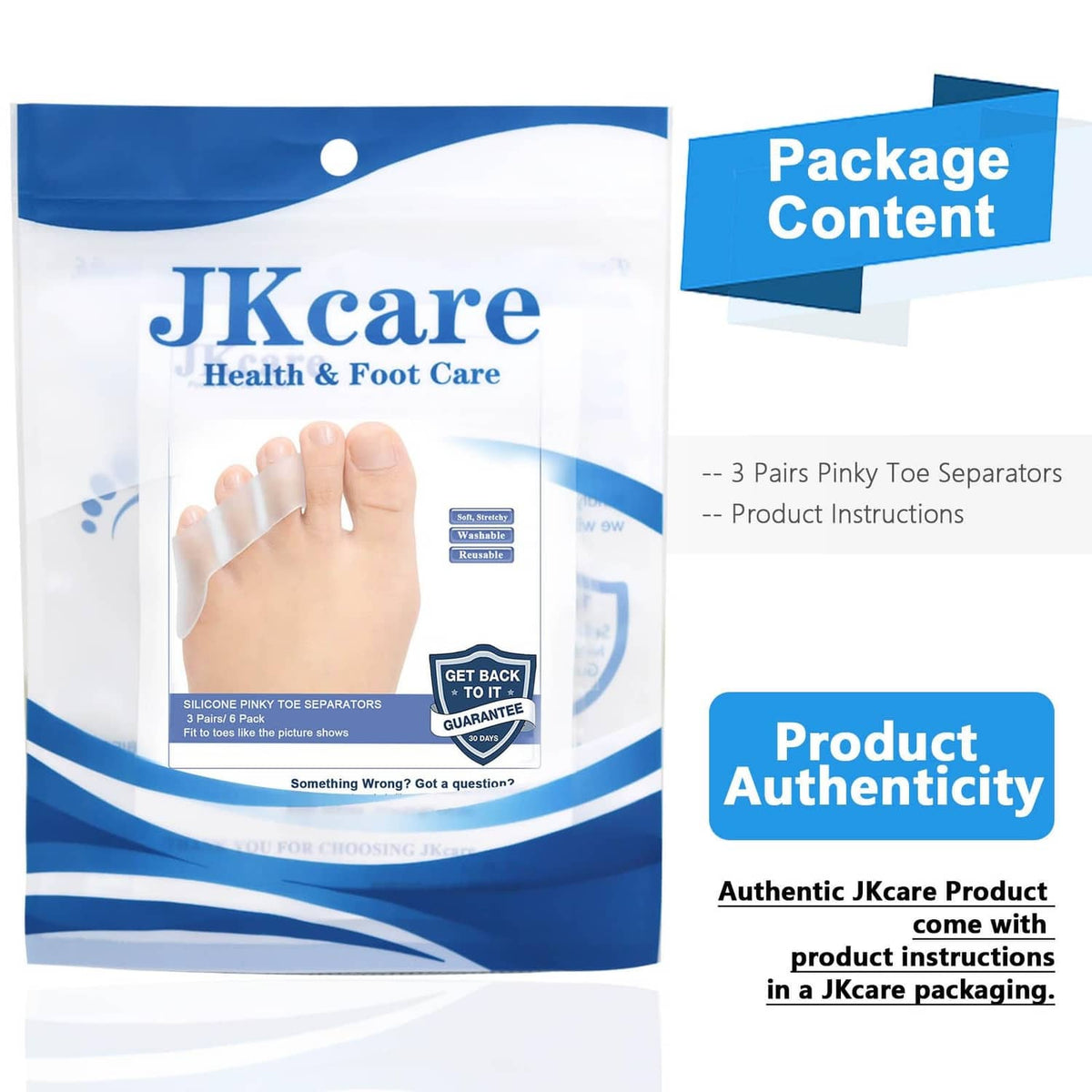 Jkcare silicone pinky toe separator package with pairs and product instructions