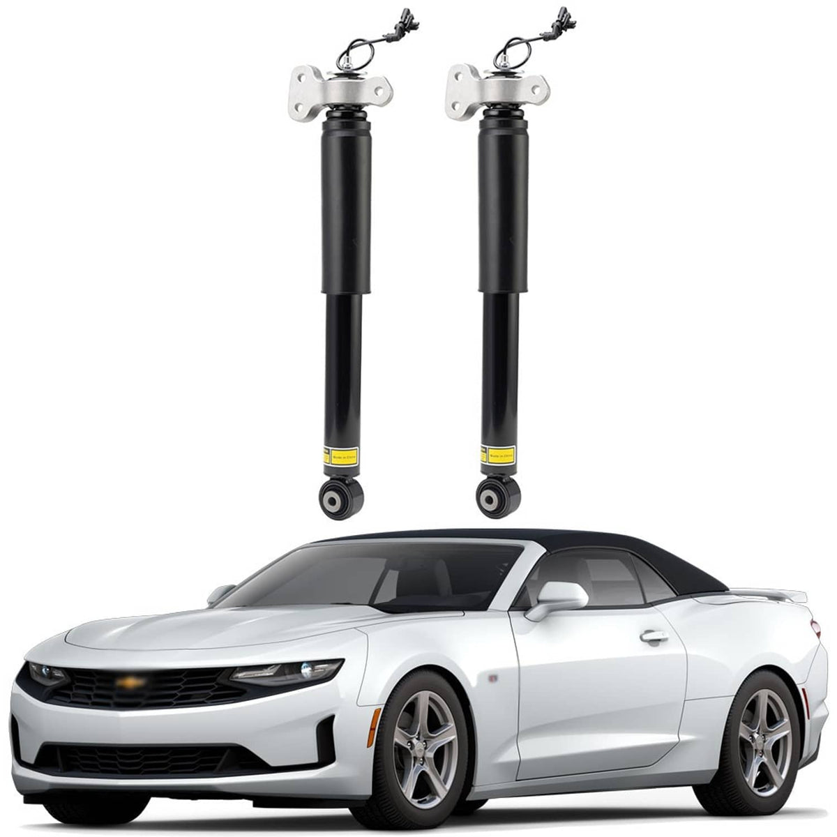 Pair black rear shock absorbers with upper plates and lower bushing mounts