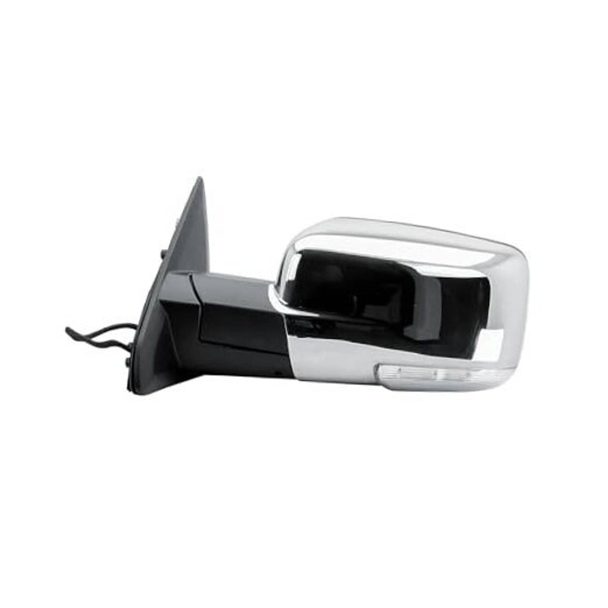 Driver-side door mirror with chrome frame and dark mirror glass