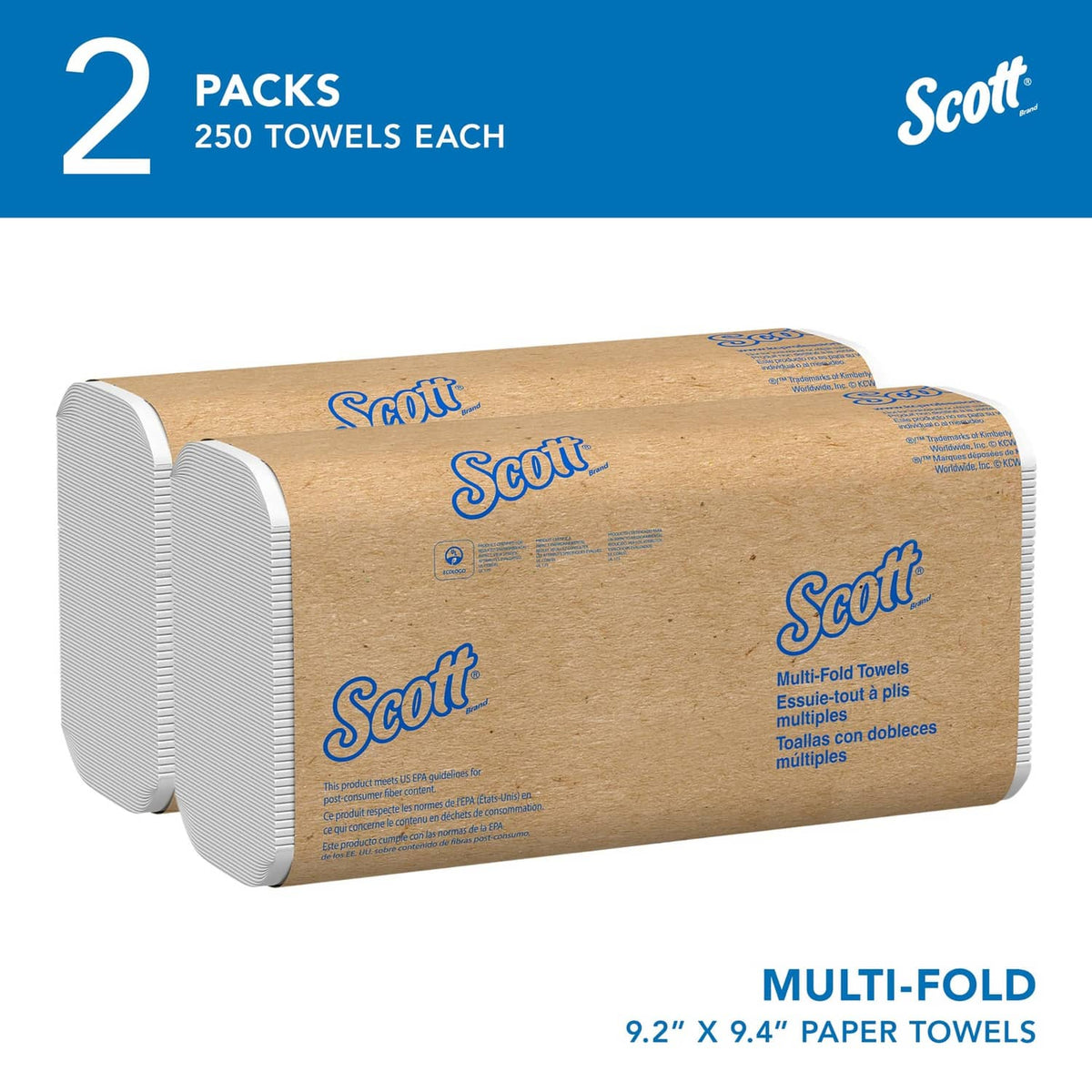 Multi-fold paper towels roll, white folded sheets, 9.2 in x 9.4 in (2-pack)