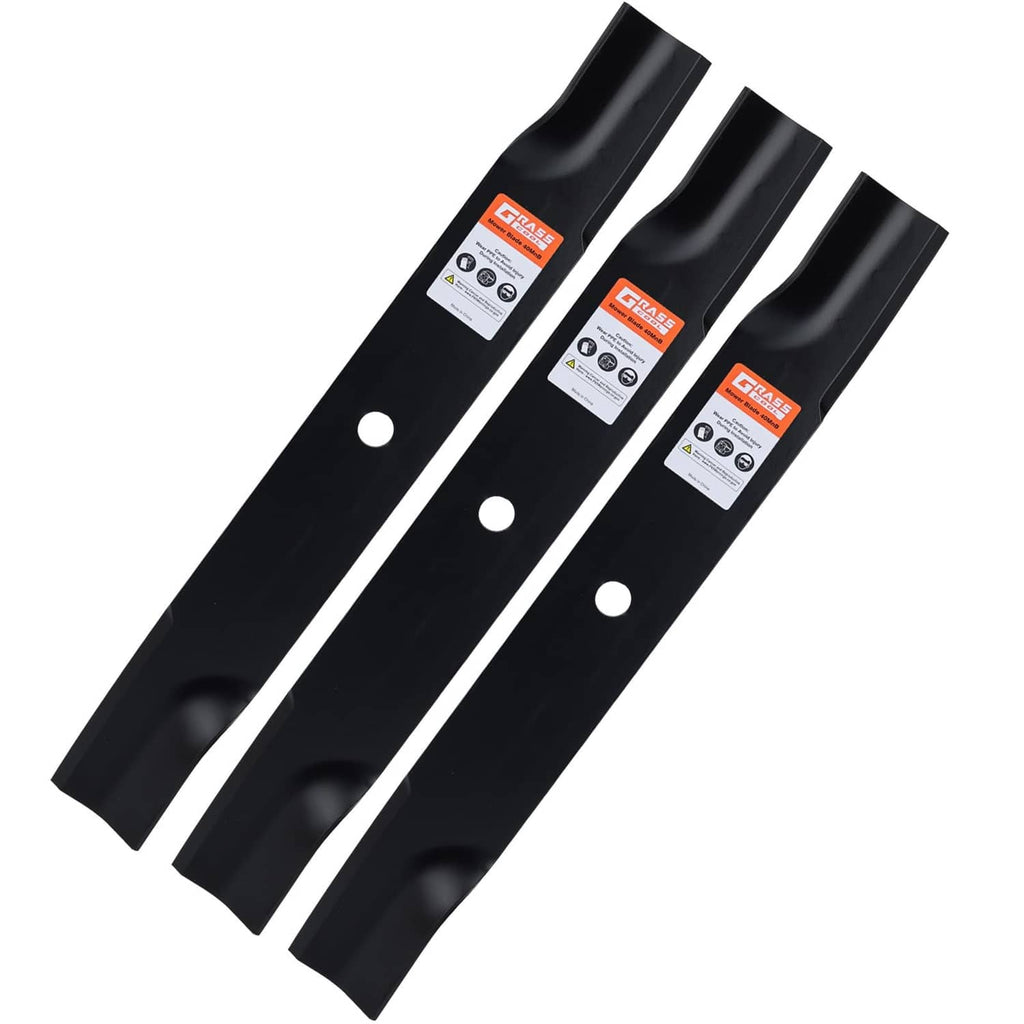 Black mower deck blades set with 17.5-inch circle center holes, three-pack