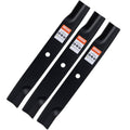 Black mower deck blades set with 17.5-inch circle center holes, three-pack