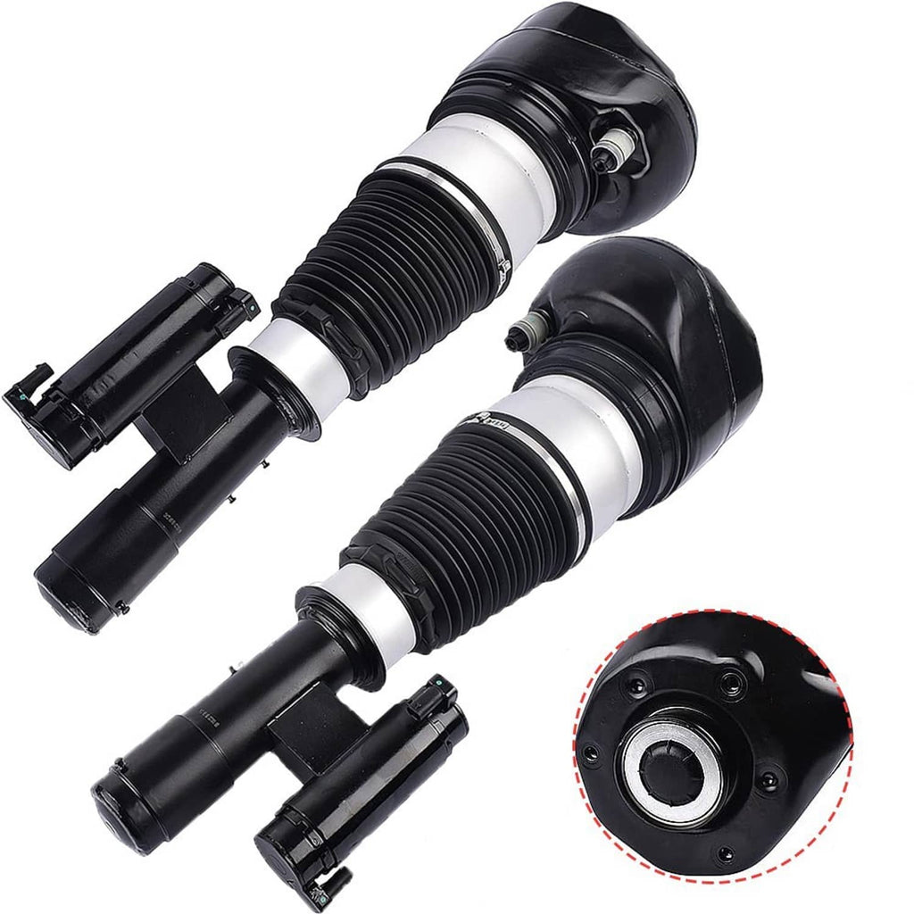 Front air suspension strut pair: black mounts and silver shock tube, side view