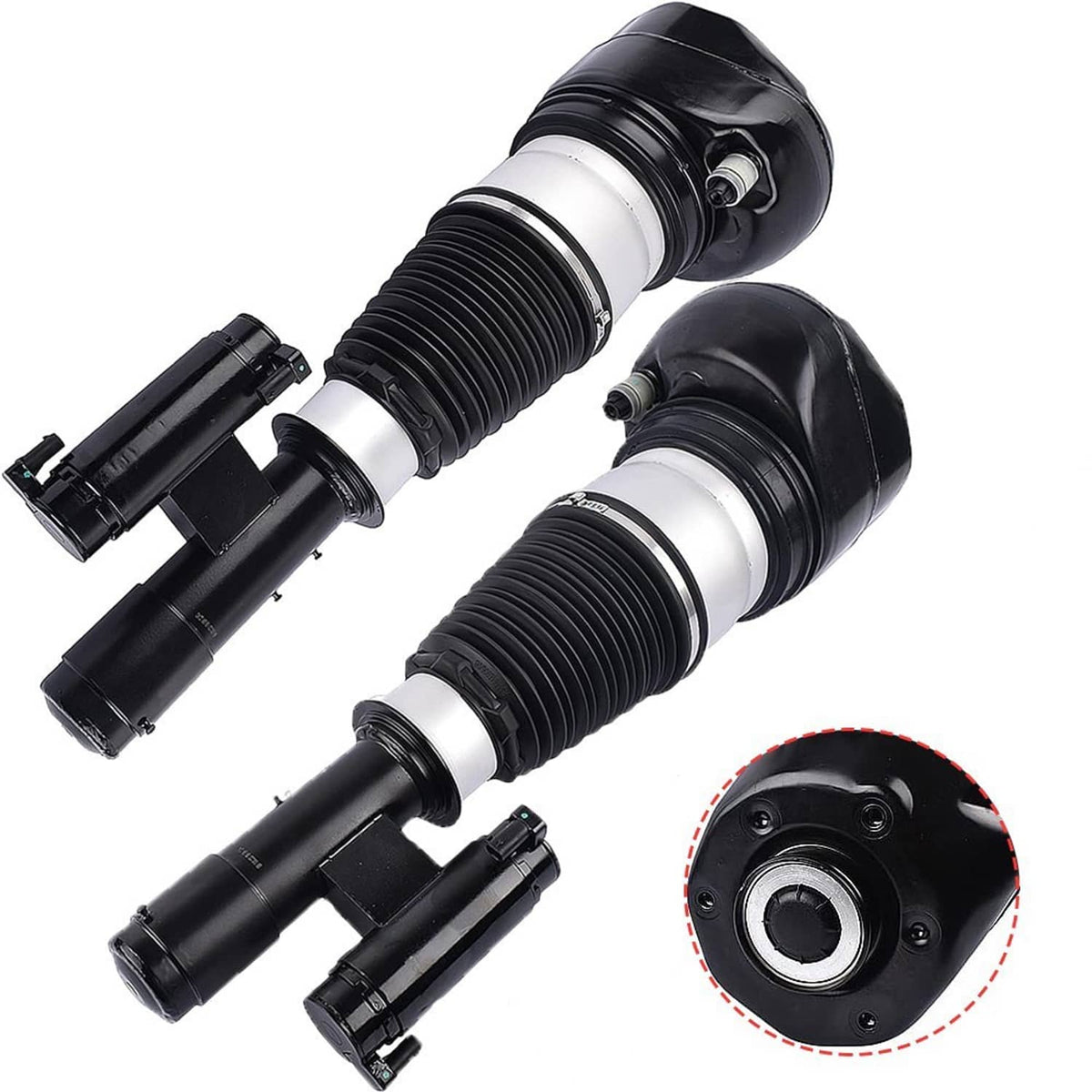 Front air suspension strut pair: black mounts and silver shock tube, side view