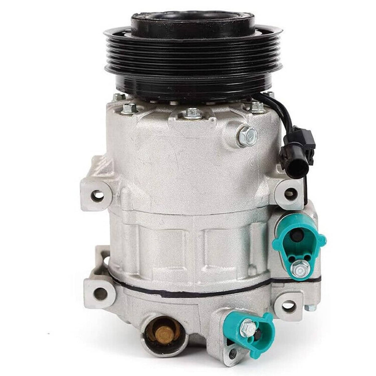 A/C compressor with clutch, front view with black pulley, teal sensor port, and wiring