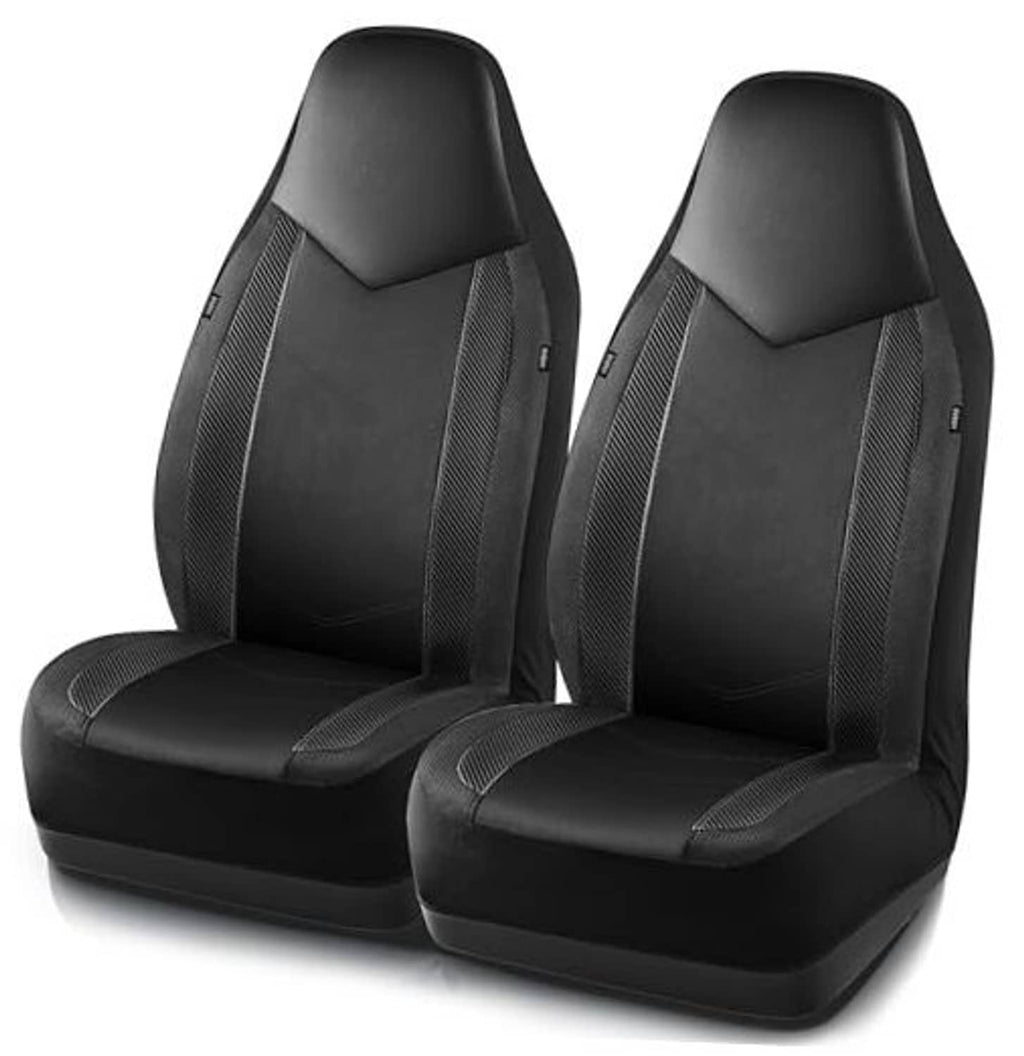 Pair of black front car seat covers with textured mesh side inserts
