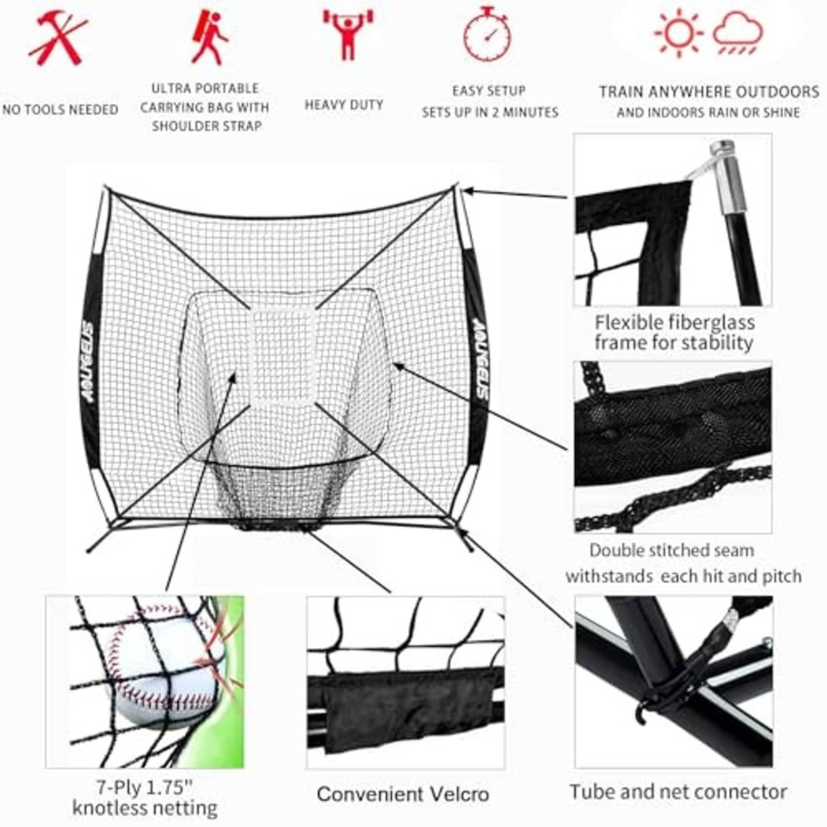 Baseball practice net with strike zone target, flexible fiberglass frame and double-stitched seams