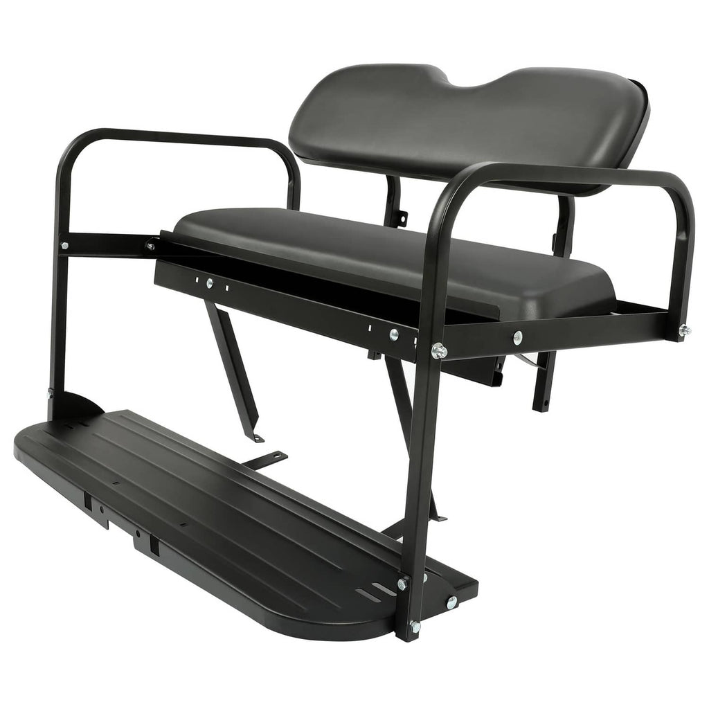Black folding rear seat with dark gray padded cushion and armrests for golf cart
