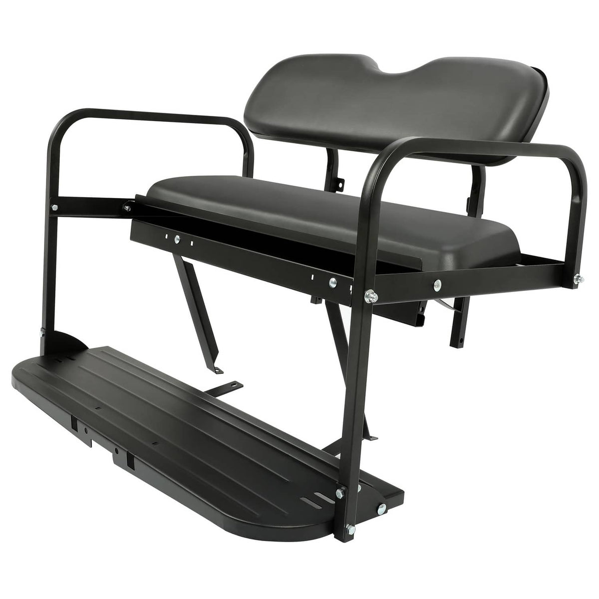 Black folding rear seat with dark gray padded cushion and armrests for golf cart