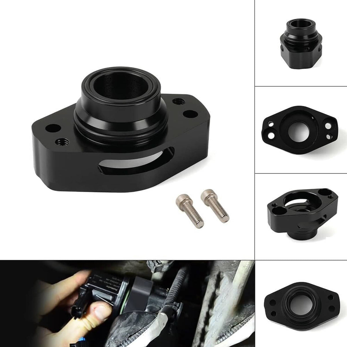 Black turbo blow off valve adapter with mounting flange and threaded bolt holes