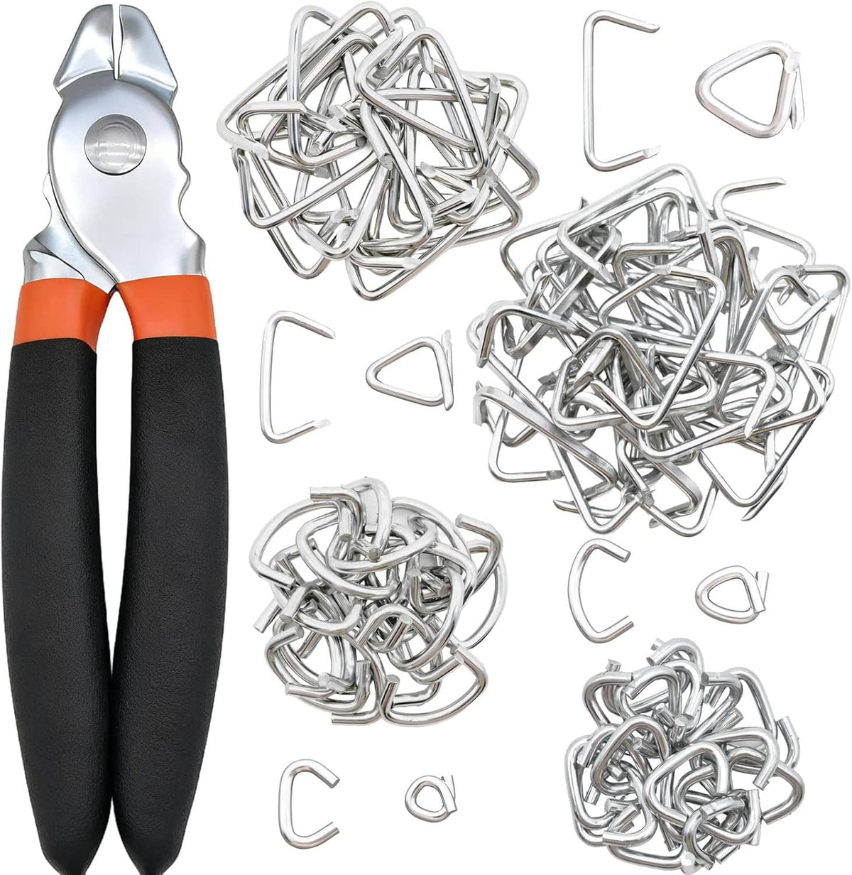 Straight hog ring pliers with black/orange grips and scattered galvanized rings