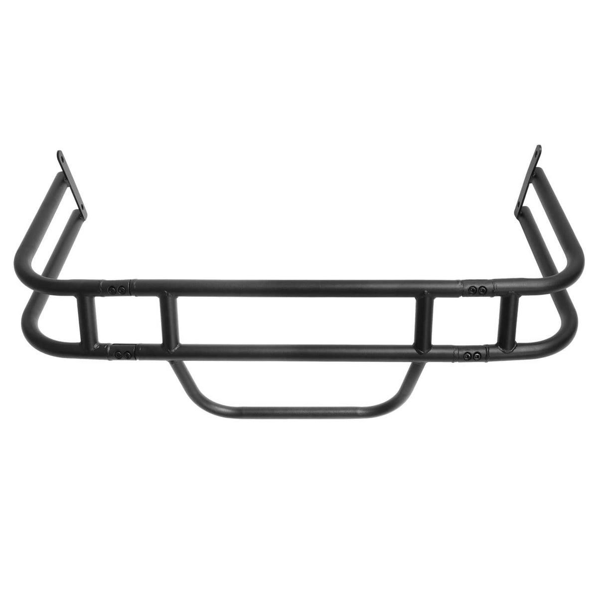 Black tubular brush guard bumper grille with center mesh and side protection bars