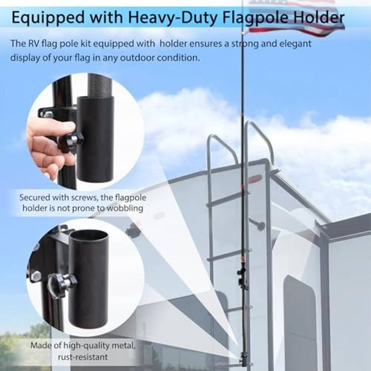 RV flag pole holder with black cylindrical clamp and metal mounting bracket