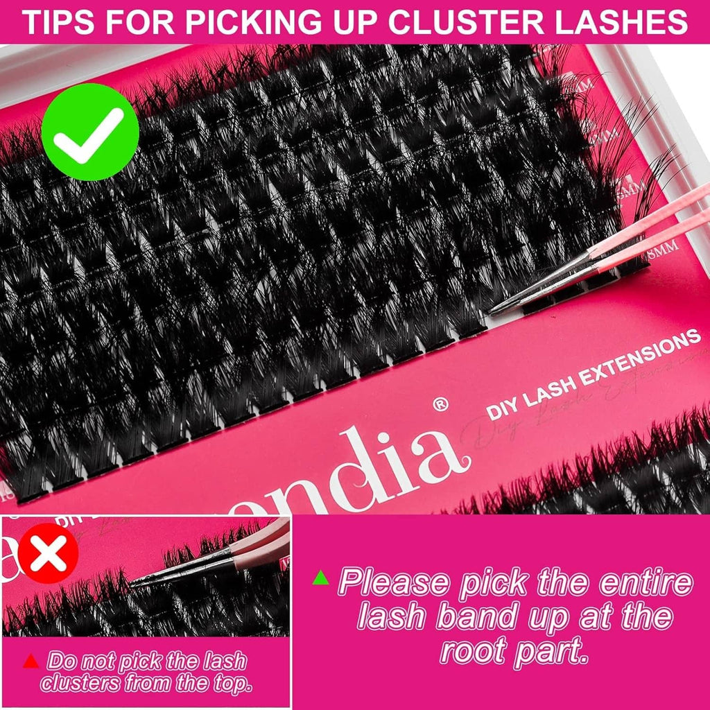 Black lash cluster strip with tweezer tip and selection tips on packaging