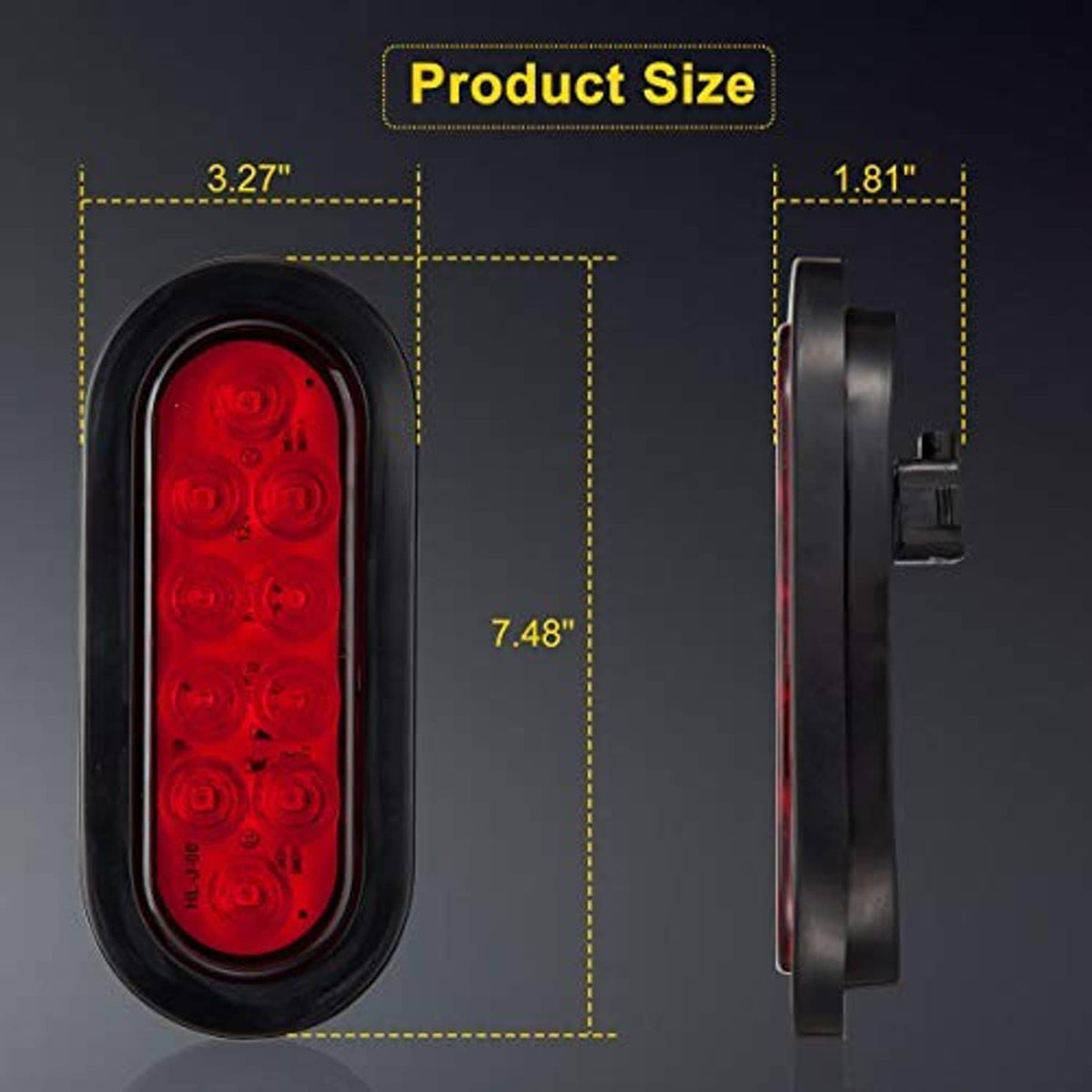 Red LED oval tail light with black housing, side profile view