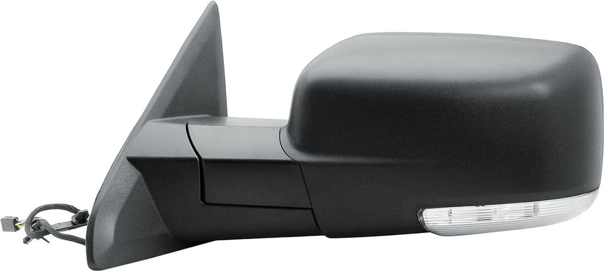 Left driver heated mirror with black housing and integrated amber signal lens edge