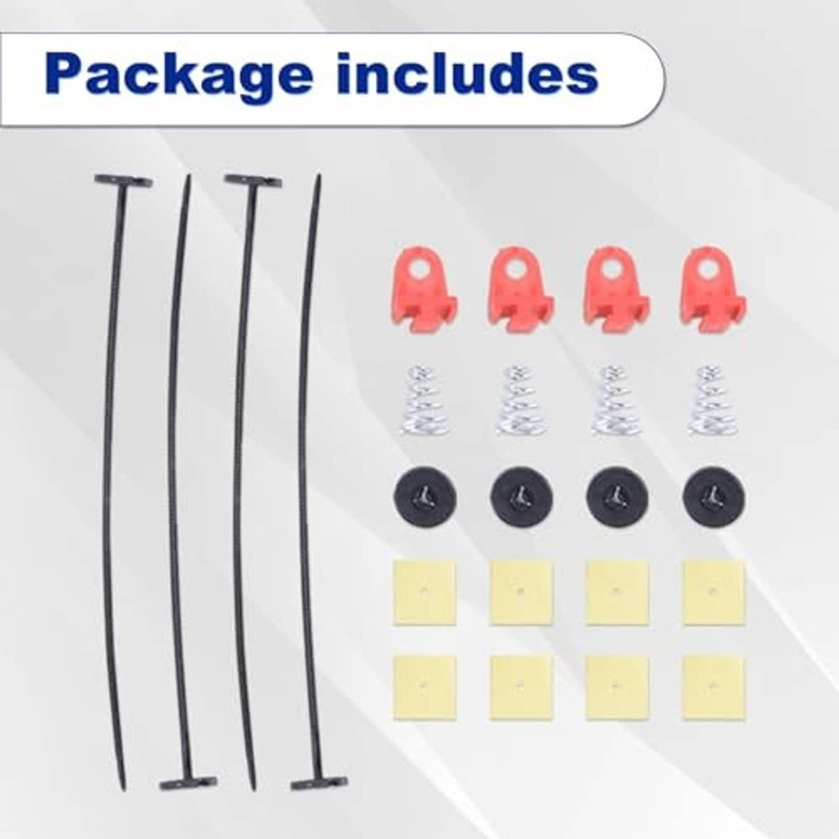 Cooling fan kit components: four rods, clips, screws, and square mounting pads